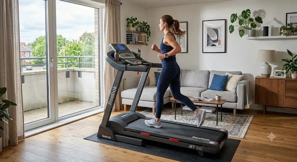 Tapis de course Reebok pliable installé dans un salon moderne pour l'entraînement à domicile