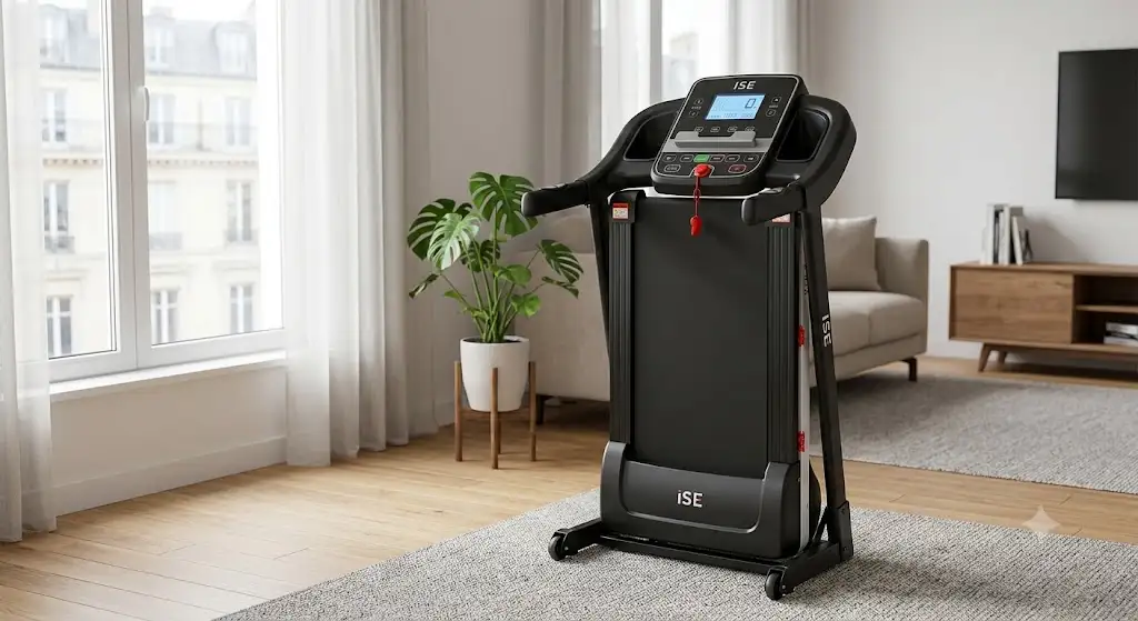 Tapis de course ISE pliable compact pour appartement avec console LCD et roues de transport