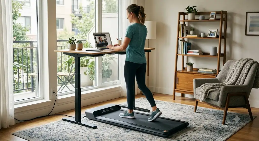 Tapis de course WalkingPad Xiaomi pliable installé dans un salon moderne pour le télétravail