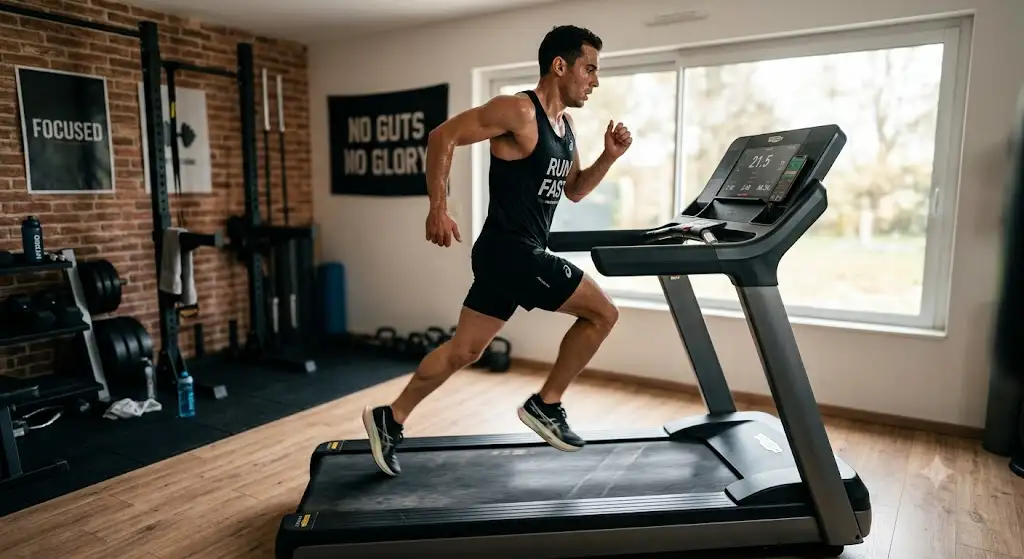 Coureur effectuant une séance de sprint intense à domicile sur un tapis de course grande vitesse