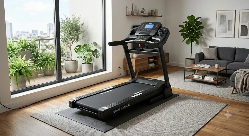 tapis de course grande surface de course installé dans un salon moderne.