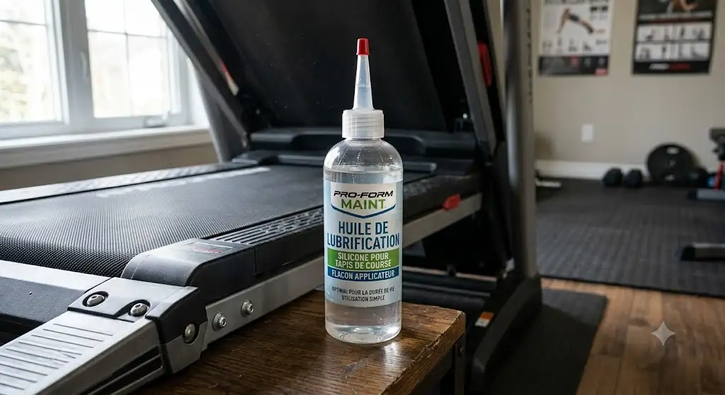 Flacon de liquide d'entretien en silicone avec canule pour la lubrification optimale d'un tapis de course. (huile de lubrification tapis de course)