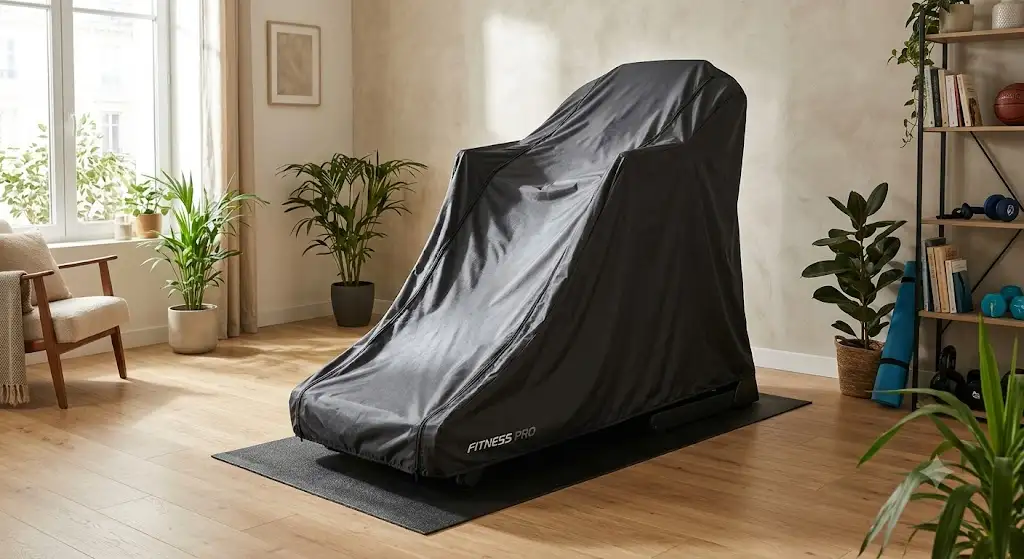 Housse de protection tapis de course imperméable et anti-poussière installée dans une pièce de vie.