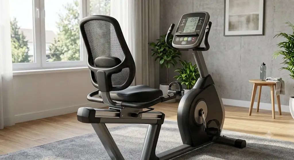 Vélo semi-allongé recumbent d'appartement avec siège ergonomique et dossier rembourré pour entraînement cardio à domicile
