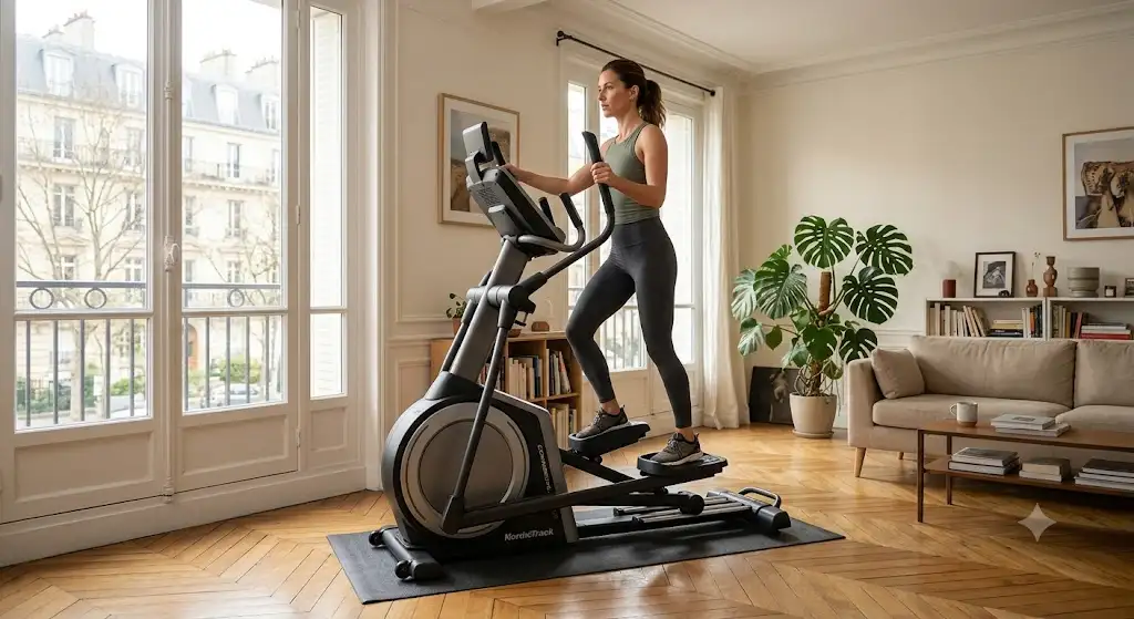 Vélo elliptique silencieux installé dans le salon d'un appartement lumineux pour une séance de sport sans bruit