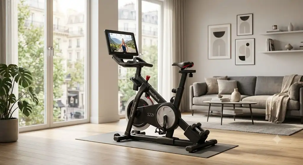 Vélo d'appartement connecté NordicTrack S22i installé dans un salon moderne. (vélo nordictrack)