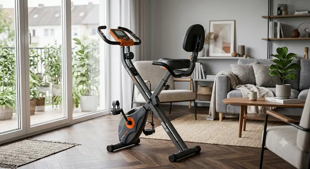 Vélo d'appartement pliable Ultrasport F-Bike installé dans un salon moderne. (vélo ultrasport)