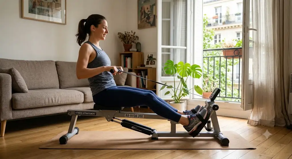 Utilisation d'un rameur hydraulique compact pour un entraînement de fitness à la maison