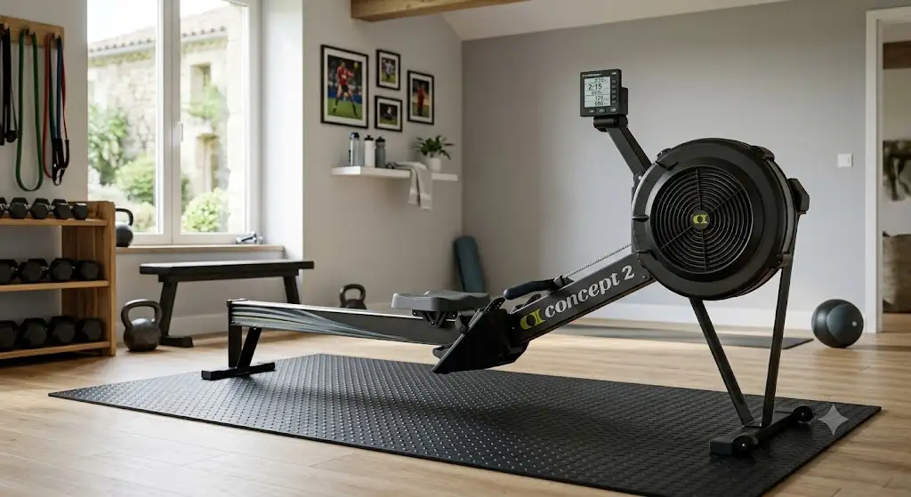 Vue d'ensemble d'un rameur à air type Concept2 installé dans une salle de sport à domicile
