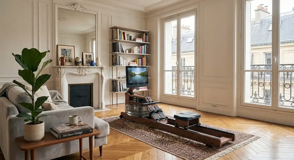 Rameur connecté pliable en bois installé dans un salon moderne d'appartement haussmannien.