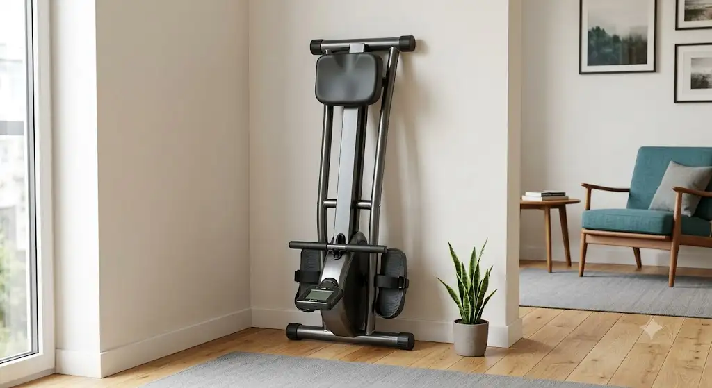 Rameur pliable compact rangé verticalement dans le coin d'un appartement pour optimiser l'espace