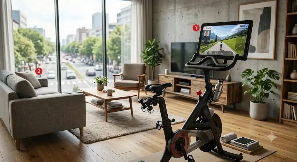 Vélo d'appartement connecté avec grand écran tactile interactif installé dans un salon moderne