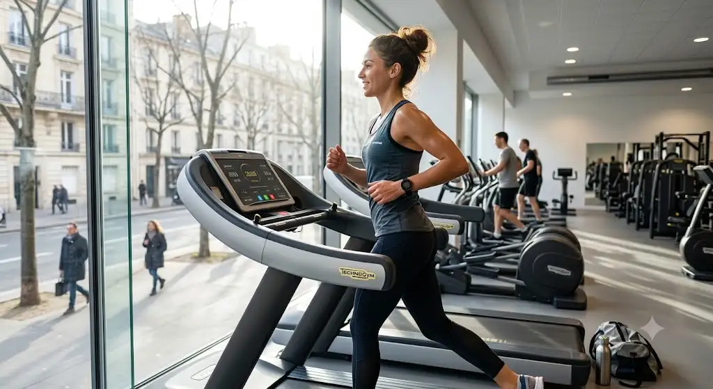 Femme courant sur un tapis de course en salle de sport pour ses bonnes résolutions fitness janvier.