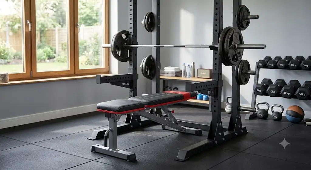 Banc de musculation avec rack complet pour s'entraîner à domicile en toute sécurité