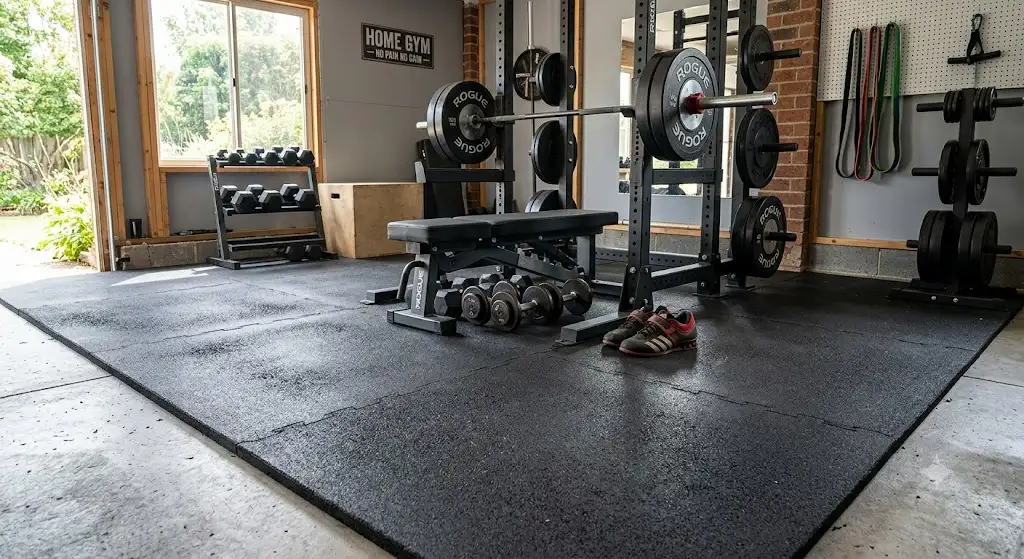 Dalles de protection sol home gym en caoutchouc haute densité installées dans un espace de musculation