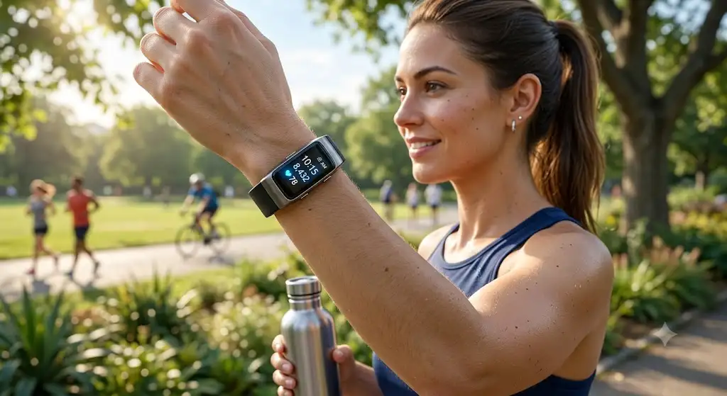 Bracelet d'activité connecté élégant porté au poignet lors d'un style de vie actif