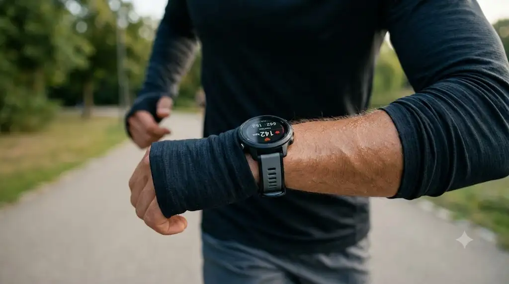 Coureur consultant sa fréquence cardiaque en direct sur une montre cardio-fréquencemètre en plein entraînement