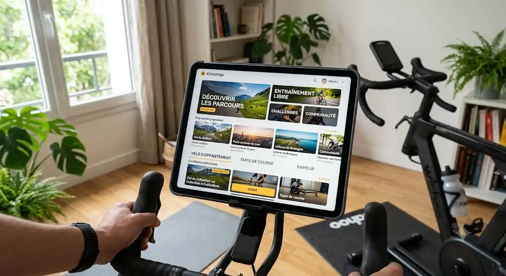 Interface de l'application Kinomap affichant le menu principal pour le vélo d'appartement.