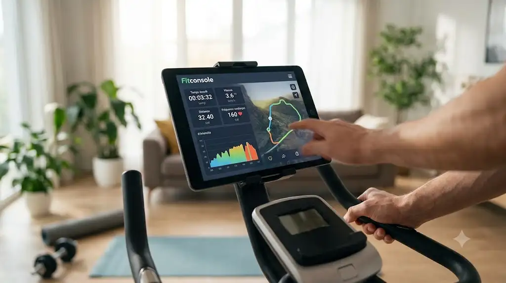 Interface de l'application Fitconsole affichée sur une tablette lors d'une séance d'entraînement connectée à domicile.