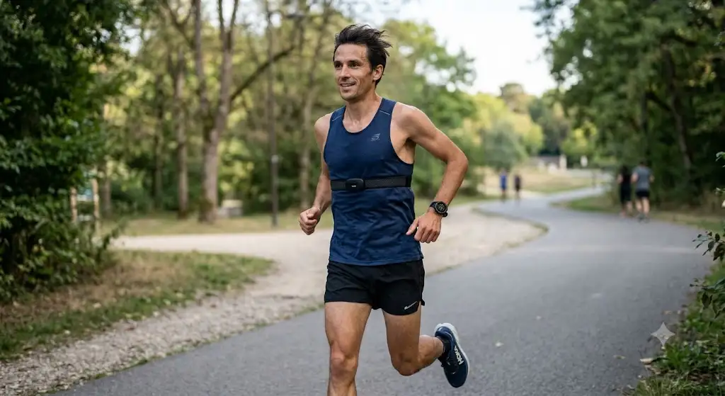 Coureur utilisant une ceinture cardio bluetooth connectée à sa montre de sport pendant son entraînement