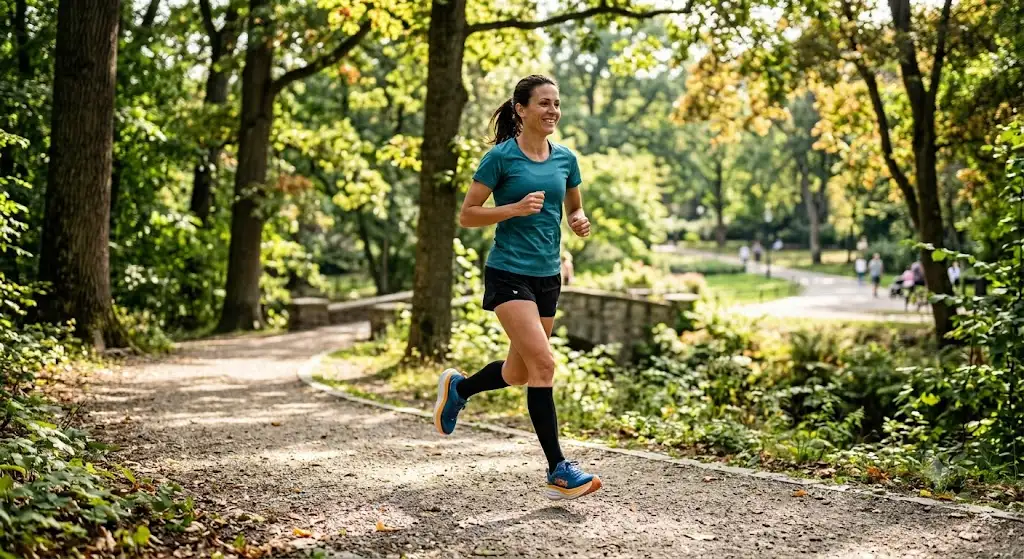 Femme courant sur un parc arboré avec des chaussures très amorties pour protéger ses genoux fragiles. (chaussures amorties genoux fragiles)
