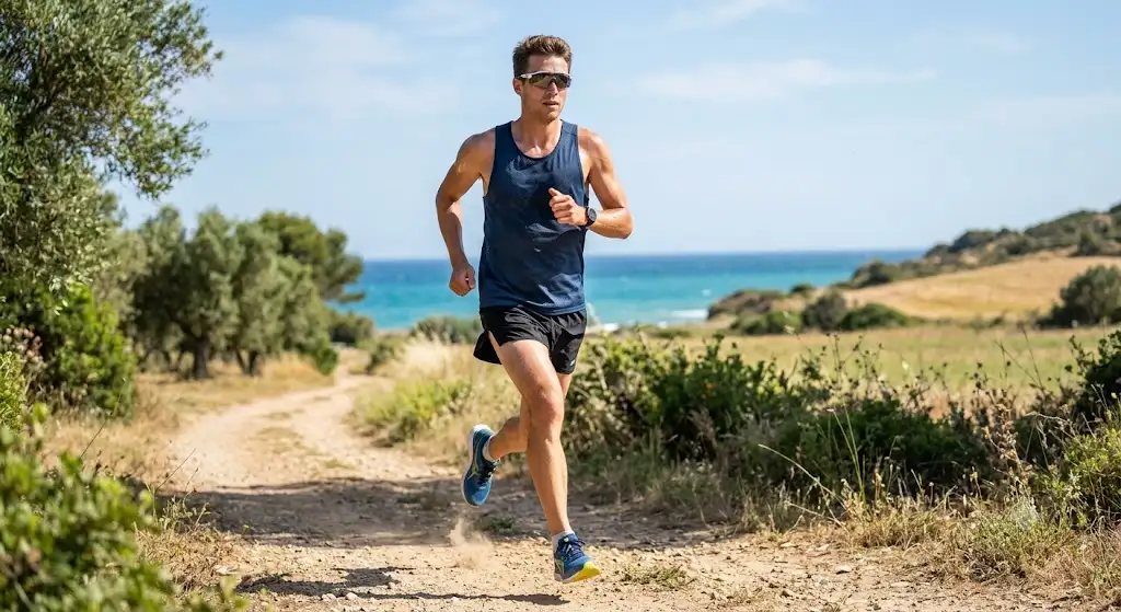 Homme courant en été avec des vêtements de running respirants et légers.