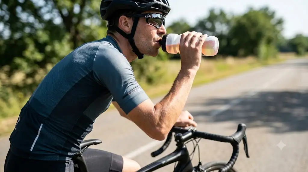 Cycliste buvant une boisson aux électrolytes pour le sport dans sa gourde pendant une sortie vélo. (boisson électrolytes sport)