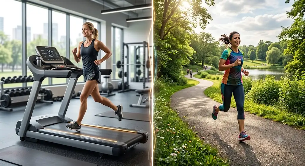 Illustration comparative entre le tapis de course ou course en extérieur dans un parc.