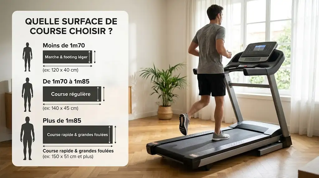 Guide comparatif pour savoir quelle surface de course choisir sur un tapis de course selon sa taille