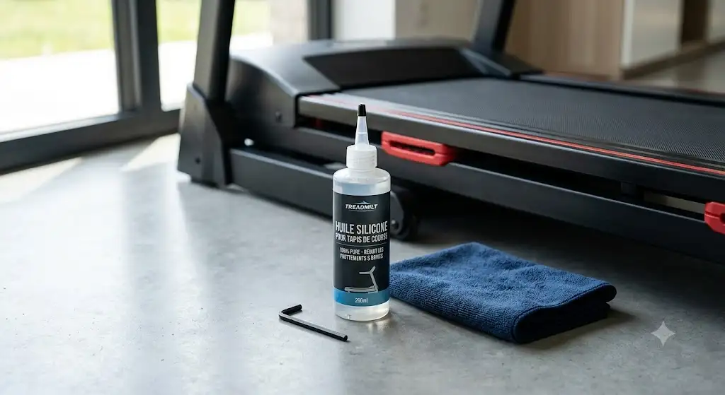 Materiel necessaire comprenant de l'huile silicone et un chiffon pour apprendre comment lubrifier son tapis de course.