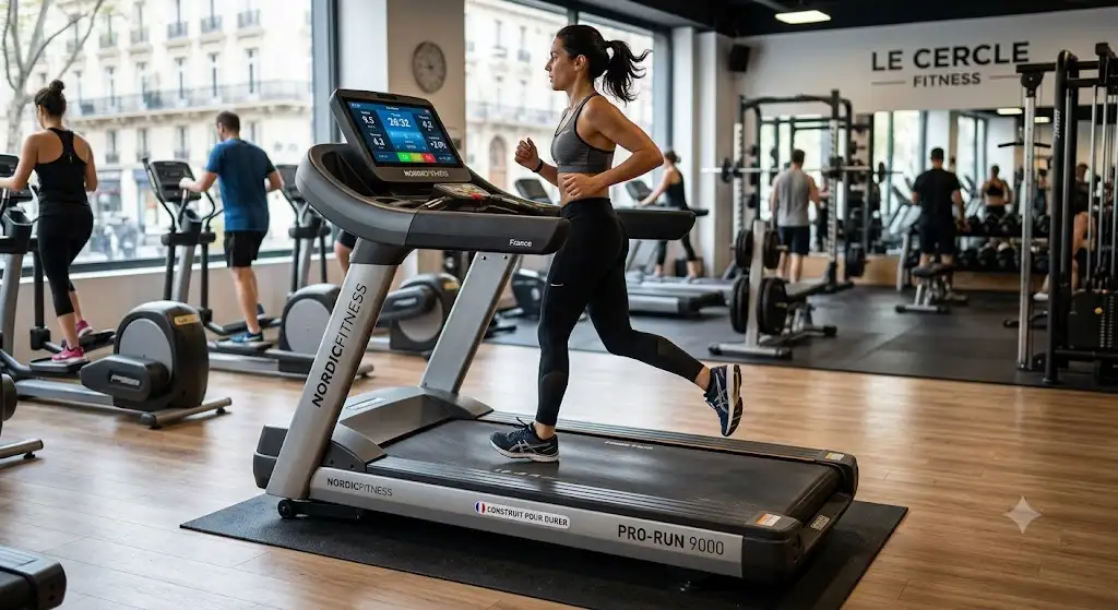 Illustration montrant un tapis de course moderne dans une salle de sport, illustrant sa durée de vie globale. (durée de vie d'un tapis de course)