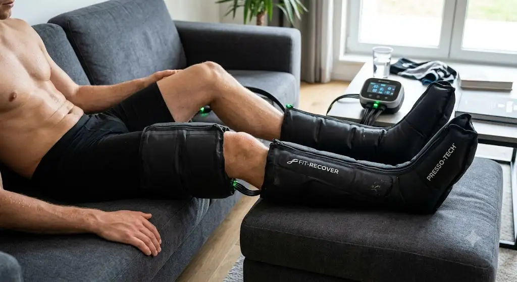 Paire de bottes de pressothérapie noires gonflables en cours d'utilisation pour la récupération musculaire des jambes.
