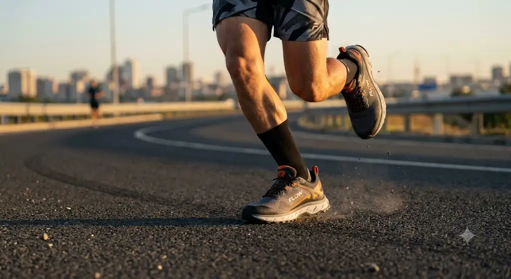 Coureur sur route portant des chaussures de running homme adaptées au bitume